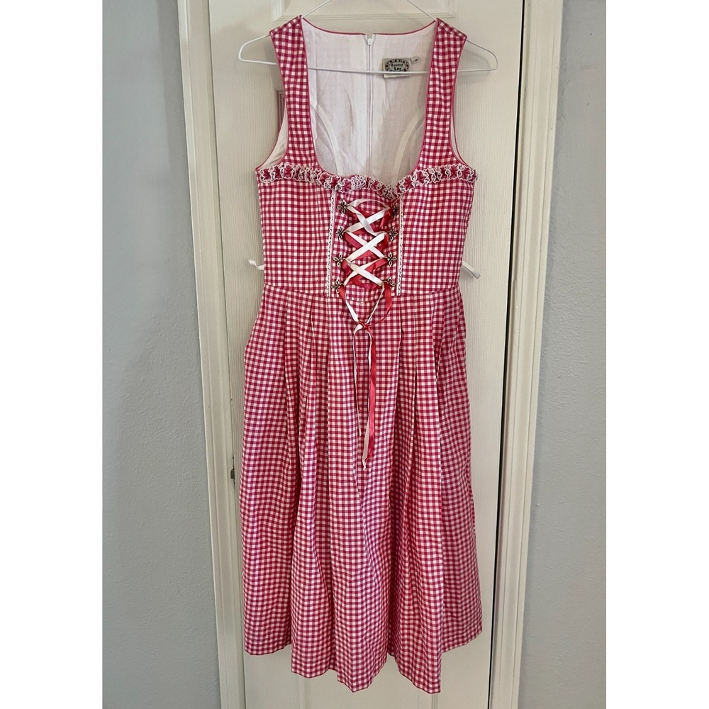 Milkmaid Dirndl Dress Women's Small 38 Red White Gingham Oktoberfest Bodice